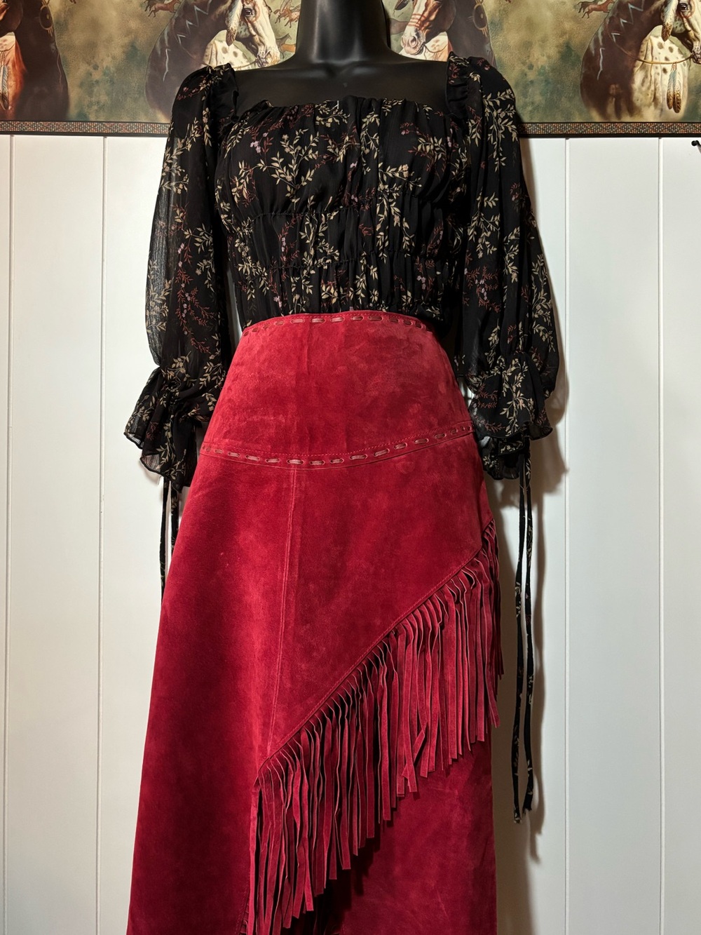 Scully- Red Suede Fringe Midi Skirt